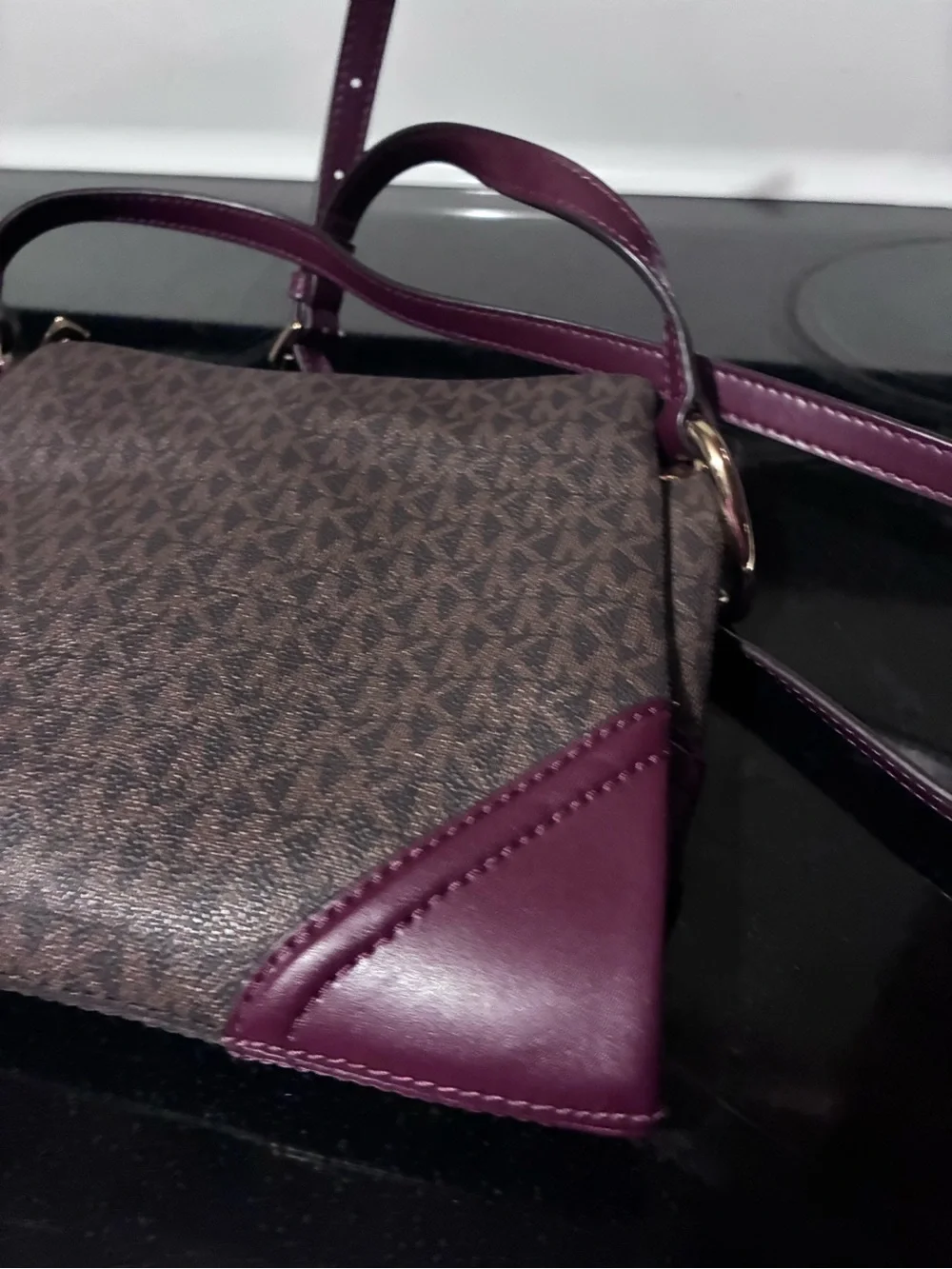 Michael Kors Brown MK Logo Large Crossbody with Plum Trim and Gold Hardware